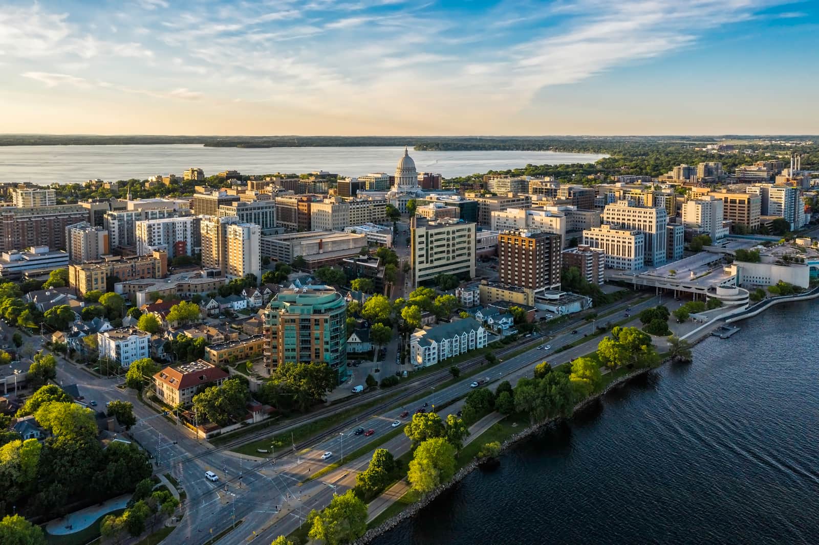 downtown Madison, Wisconsin at sunset
