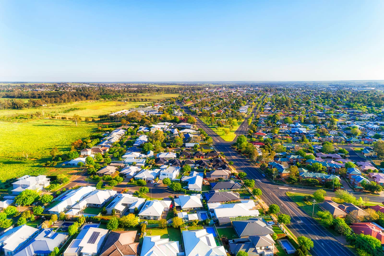 town streets and residential suburbs in aerial scenic view