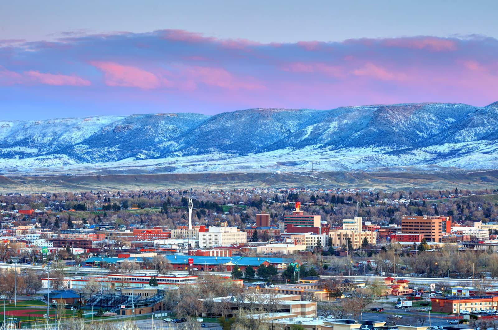 Downtown Casper, Wyoming skyline with mountain range in distance