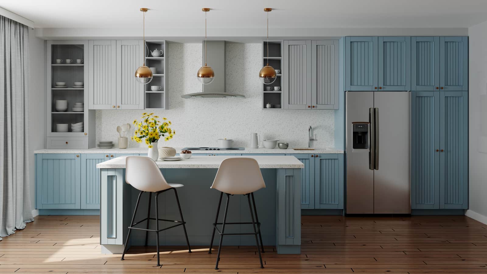 Blue kitchen interior with island