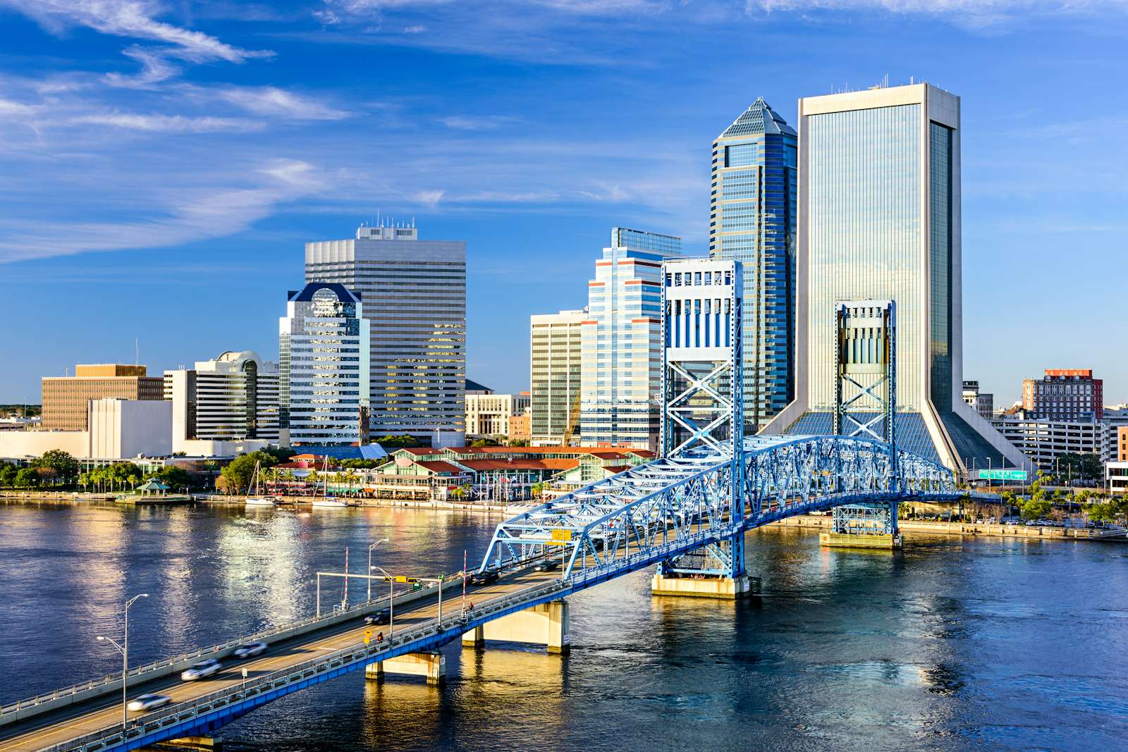 Jacksonville, Florida downtown city skyline overlooking bridge on St. Johns River.