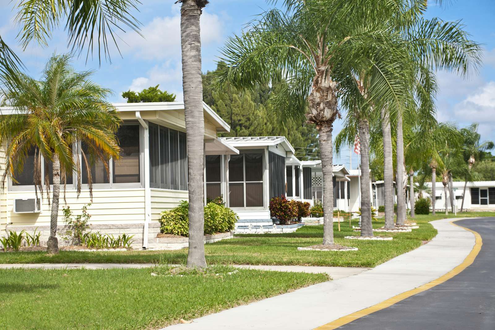 Mobile homes in a row located in a mobile home park in Florida. Street view with palm trees and sidewalk.