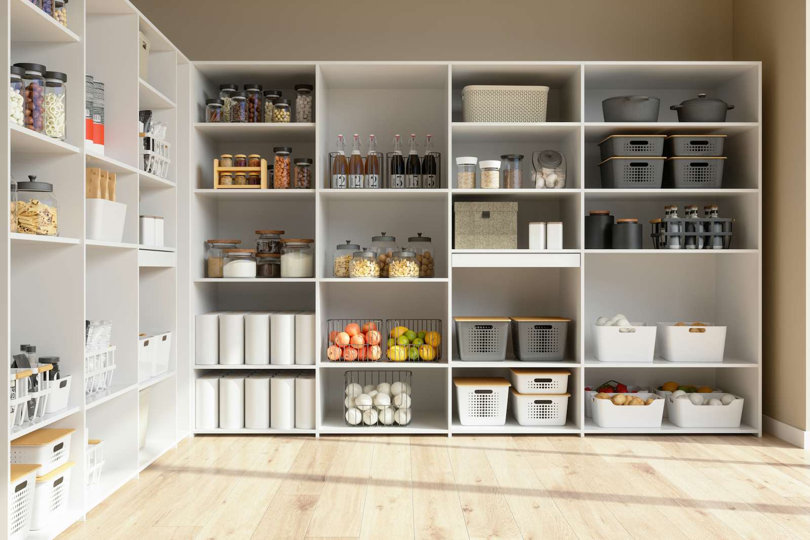 Organised Pantry Items In Storage Room With Nonperishable Food Staples