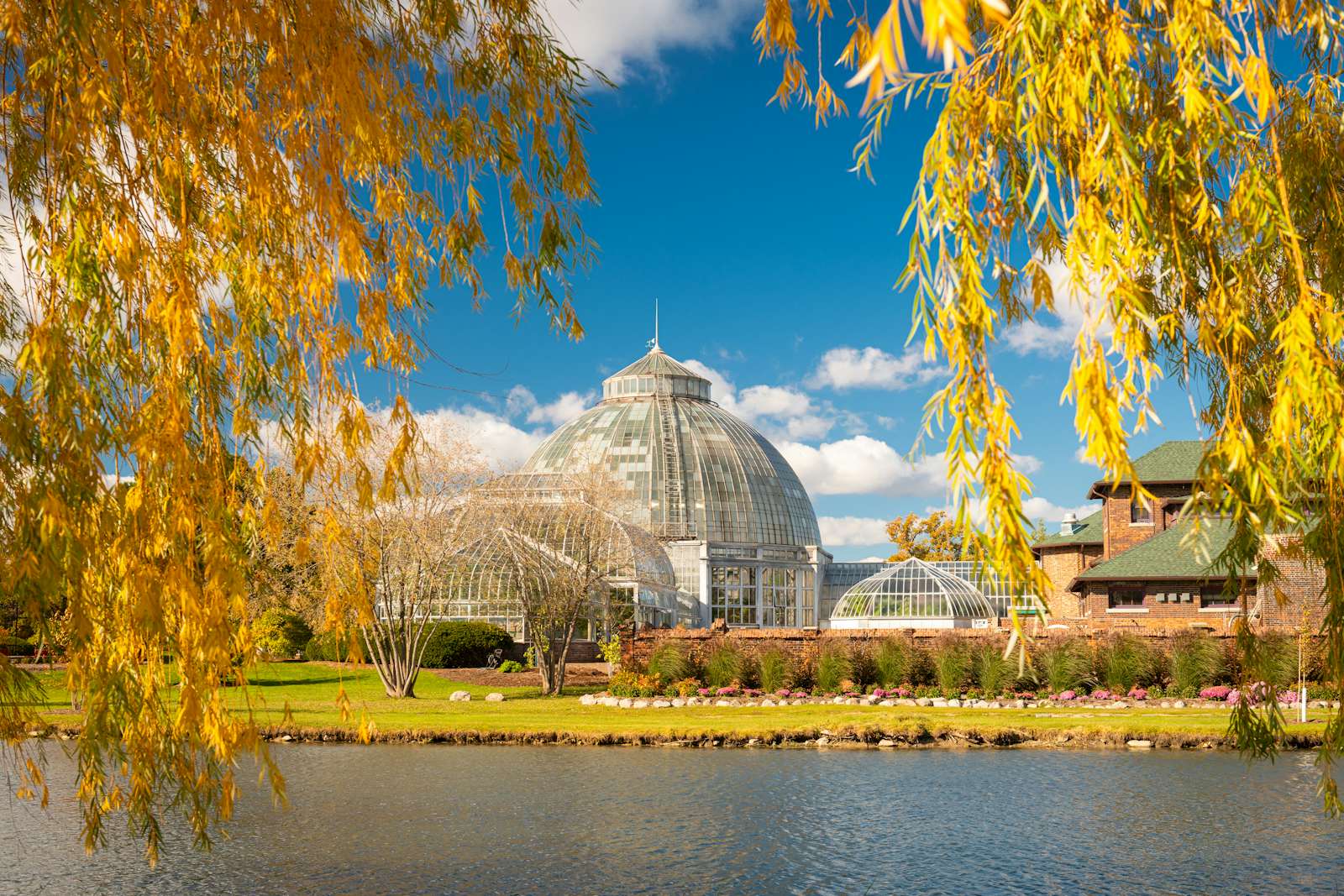 Belle Isle conservatory in Dertroit with autumn foliage.