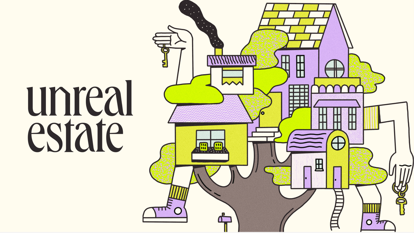 Unreal Estate logo with treehouse illustration